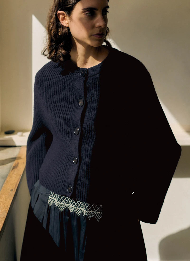 TOAST - Ribbed Wool Rounded Cardigan, Dark Navy
