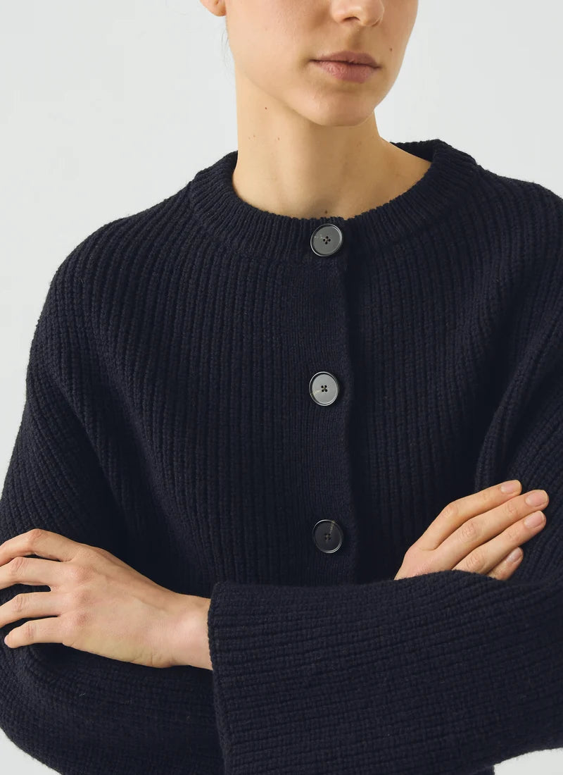 TOAST - Ribbed Wool Rounded Cardigan, Dark Navy
