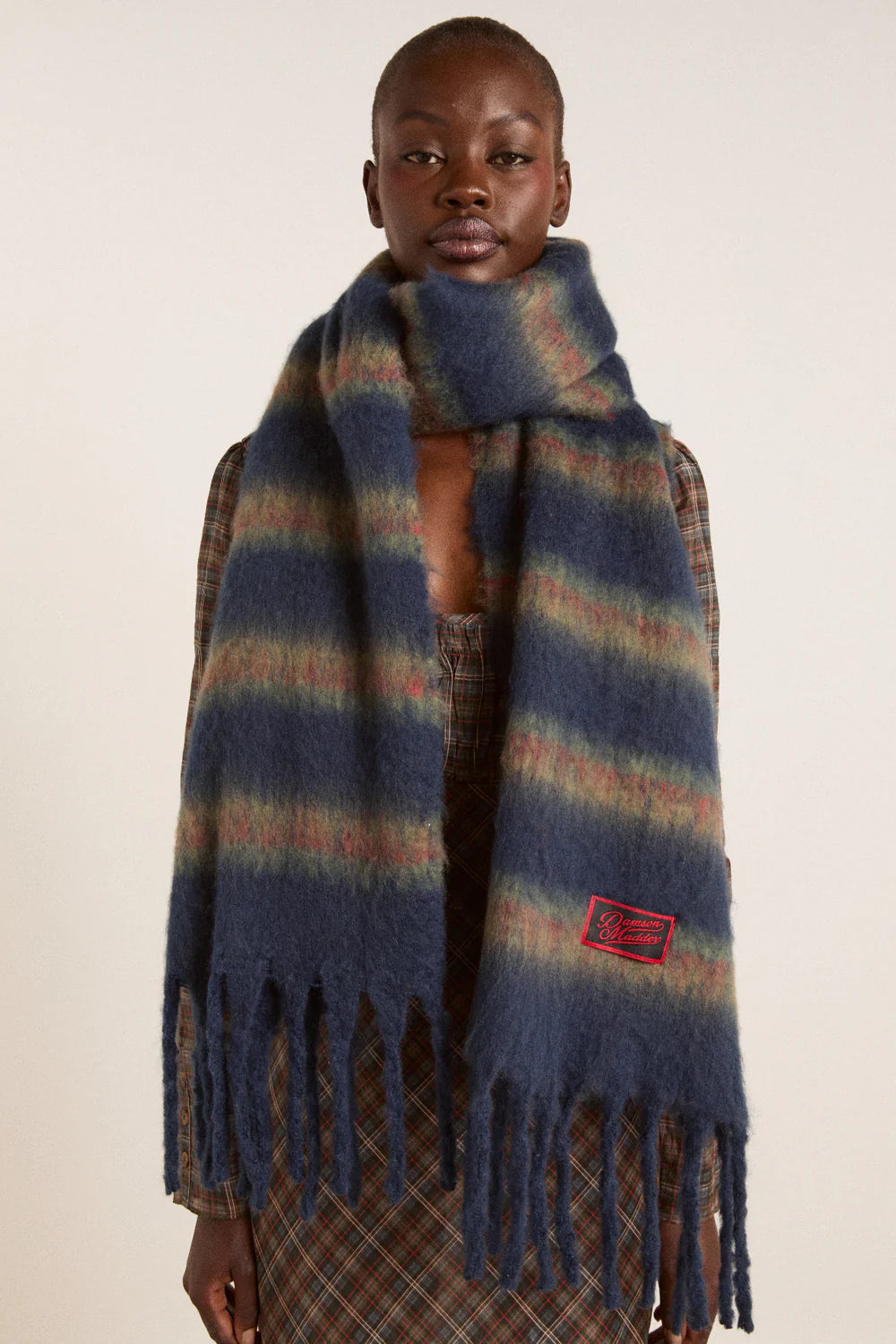 Damson Madder - Brushed Oversized Scarf, Choc Blue Stripe