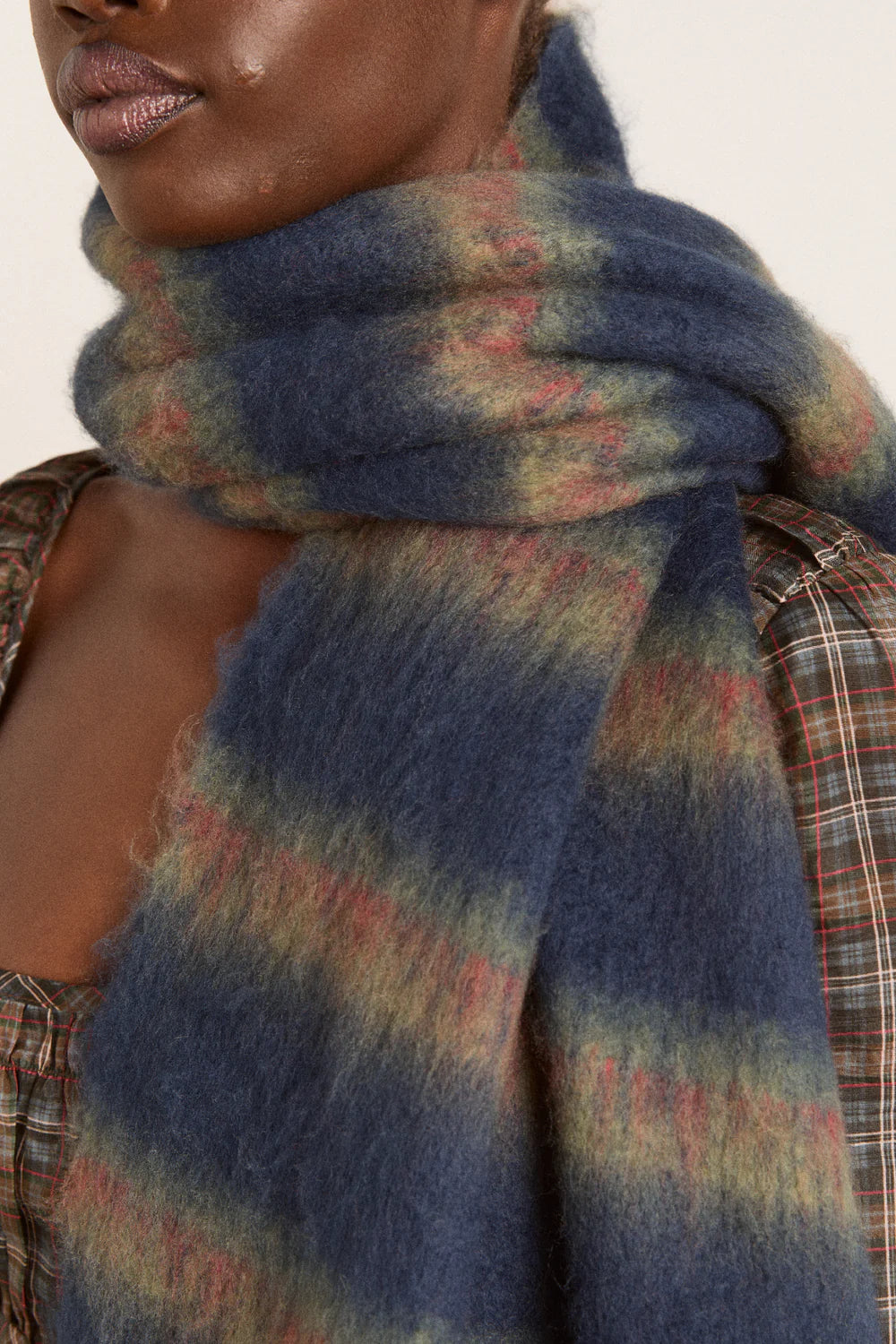 Damson Madder - Brushed Oversized Scarf, Choc Blue Stripe