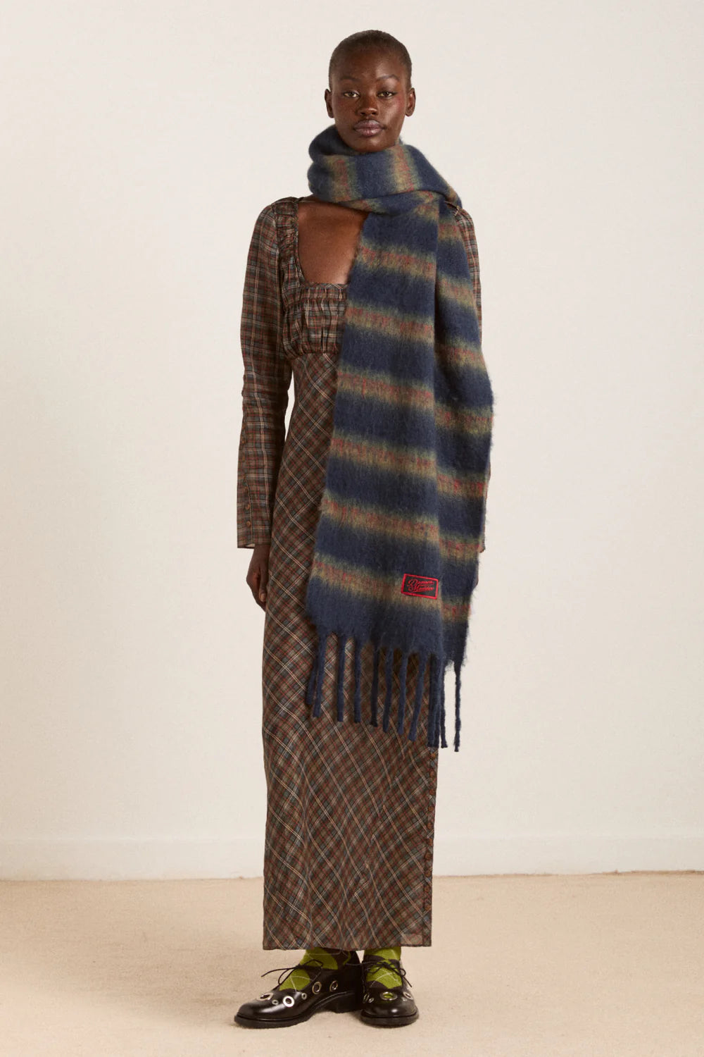 Damson Madder - Brushed Oversized Scarf, Choc Blue Stripe