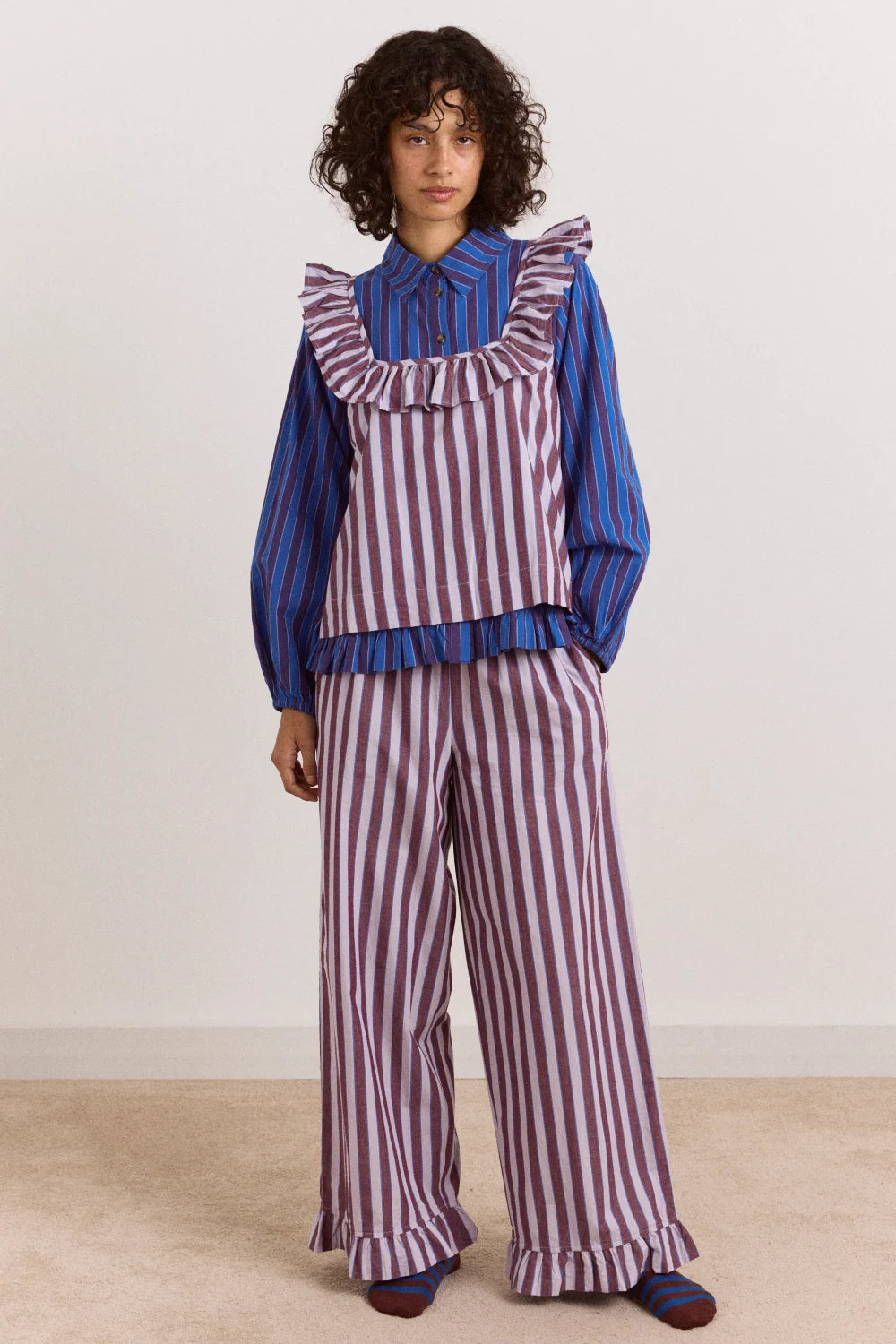 Damson Madder - Bobbie 3 Piece PJ Set, Ruby Violet Stripe