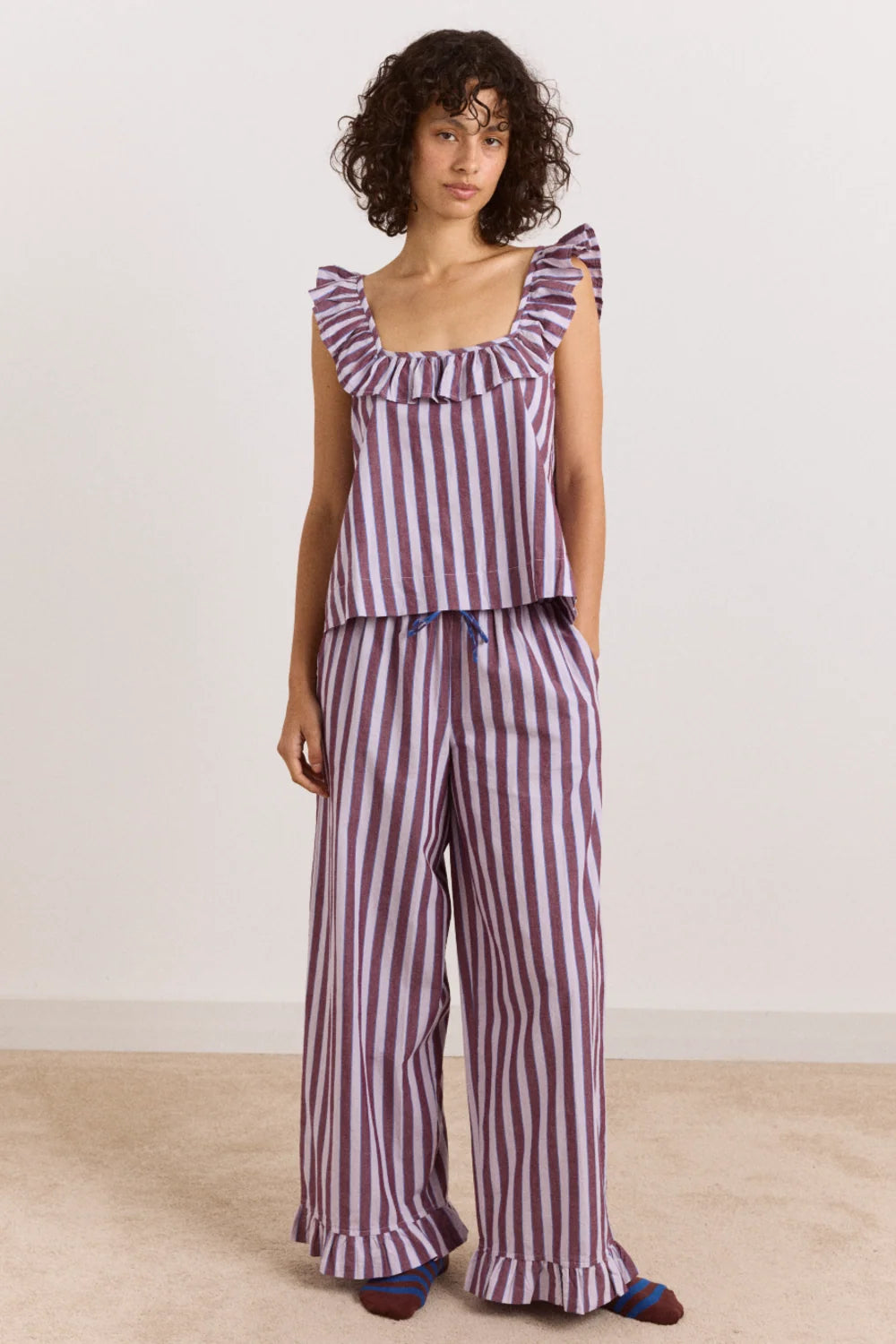 Damson Madder - Bobbie 3 Piece PJ Set, Ruby Violet Stripe