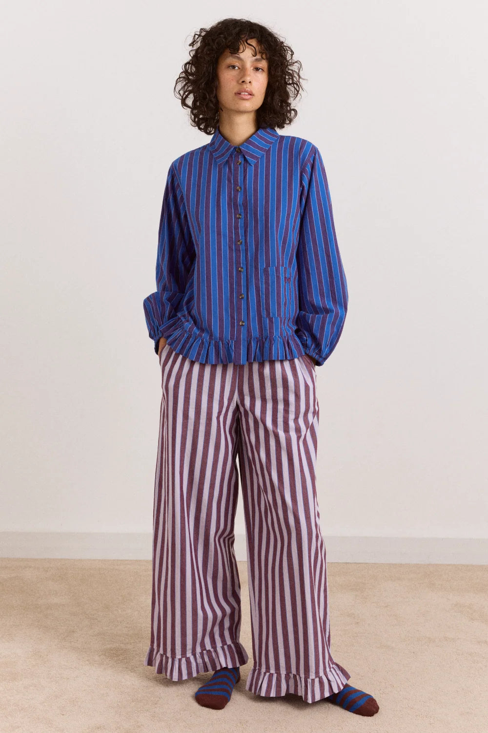 Damson Madder - Bobbie 3 Piece PJ Set, Ruby Violet Stripe