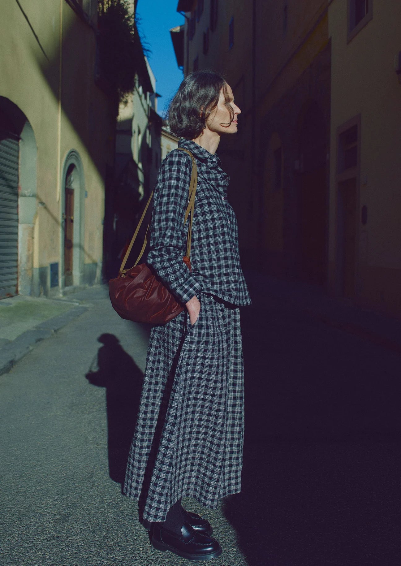 TOAST - Binding Check Cotton Wool Gathered Skirt