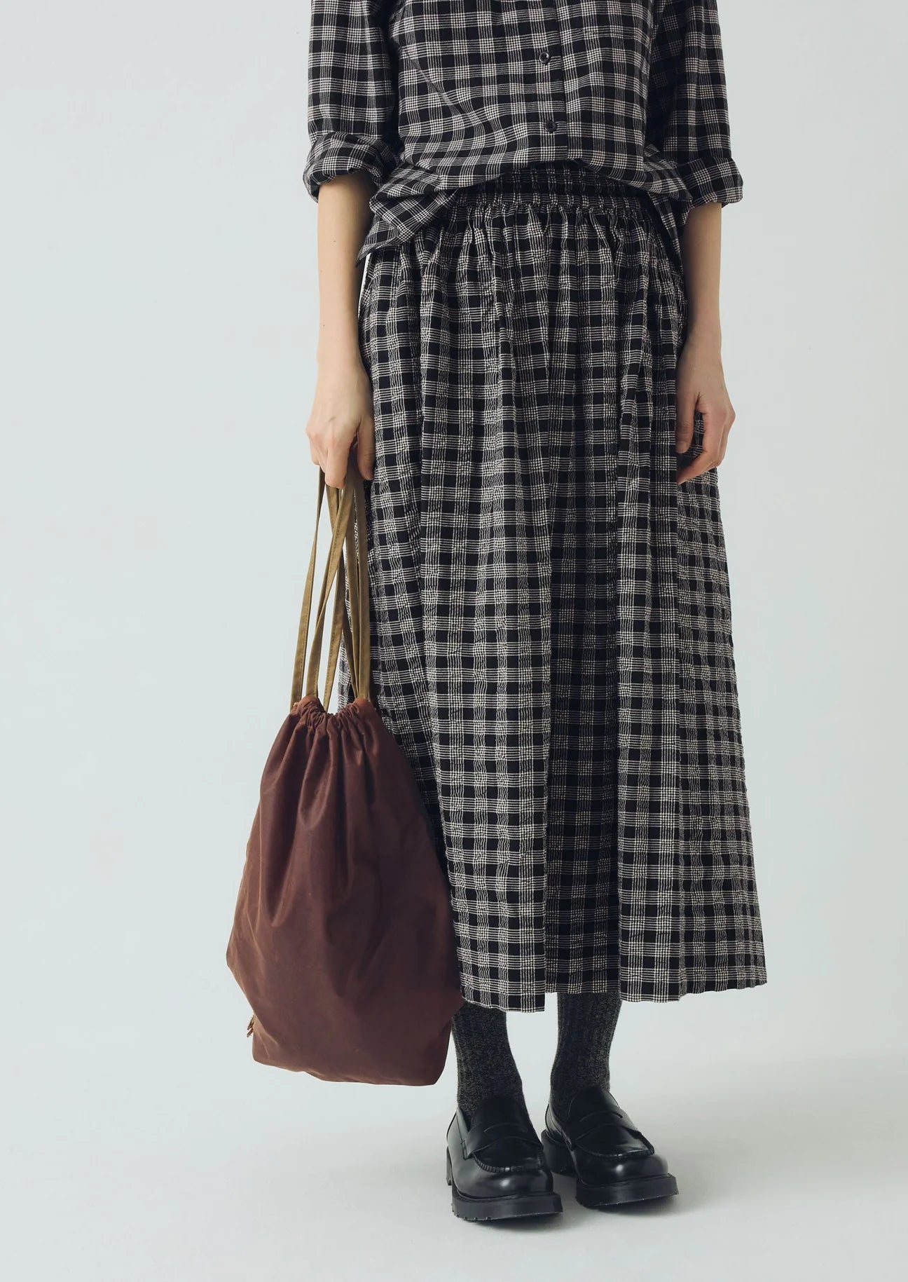 TOAST - Binding Check Cotton Wool Gathered Skirt