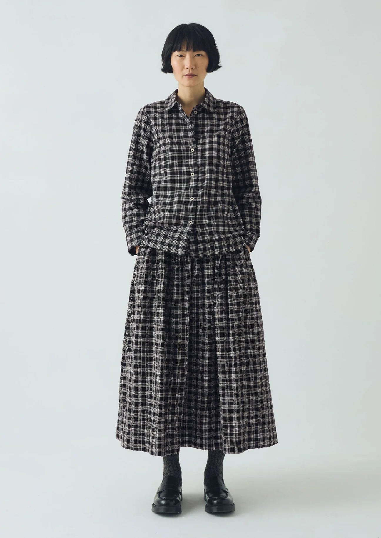 TOAST - Binding Check Cotton Wool Gathered Skirt
