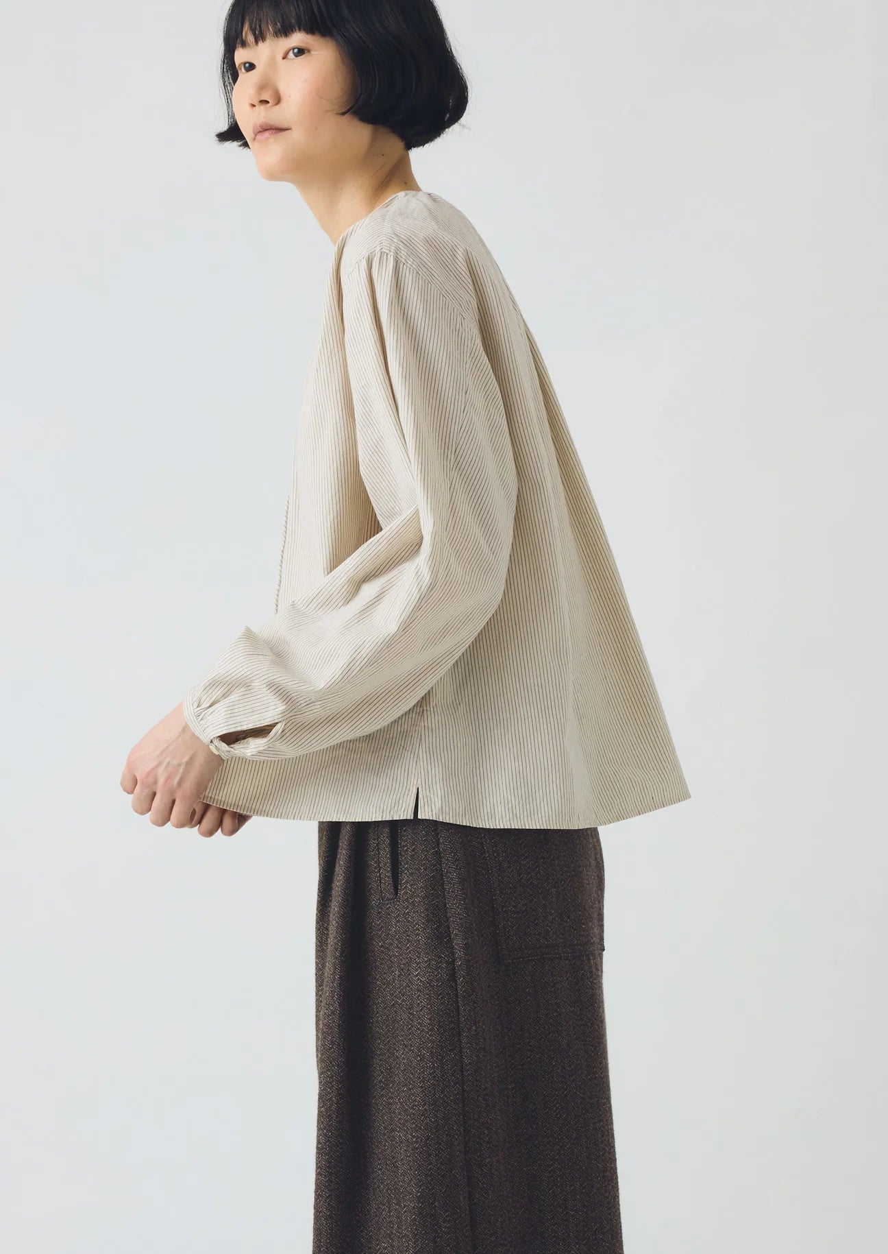 TOAST - Gathered Neck Mini Stripe Shirt