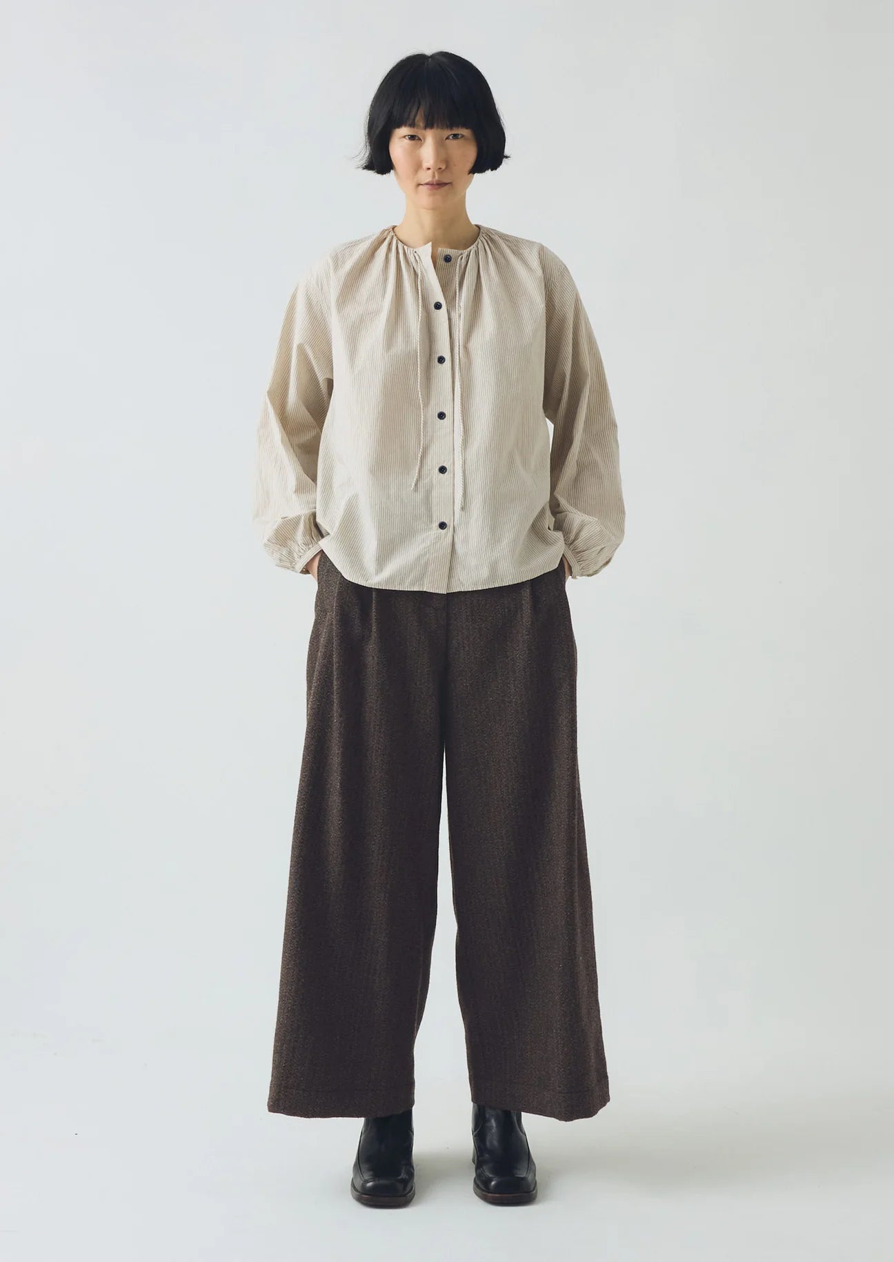 TOAST - Gathered Neck Mini Stripe Shirt