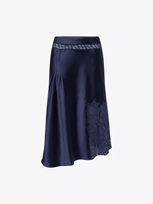 Damson Madder - Elea Satin and Lace Midi Skirt, Navy