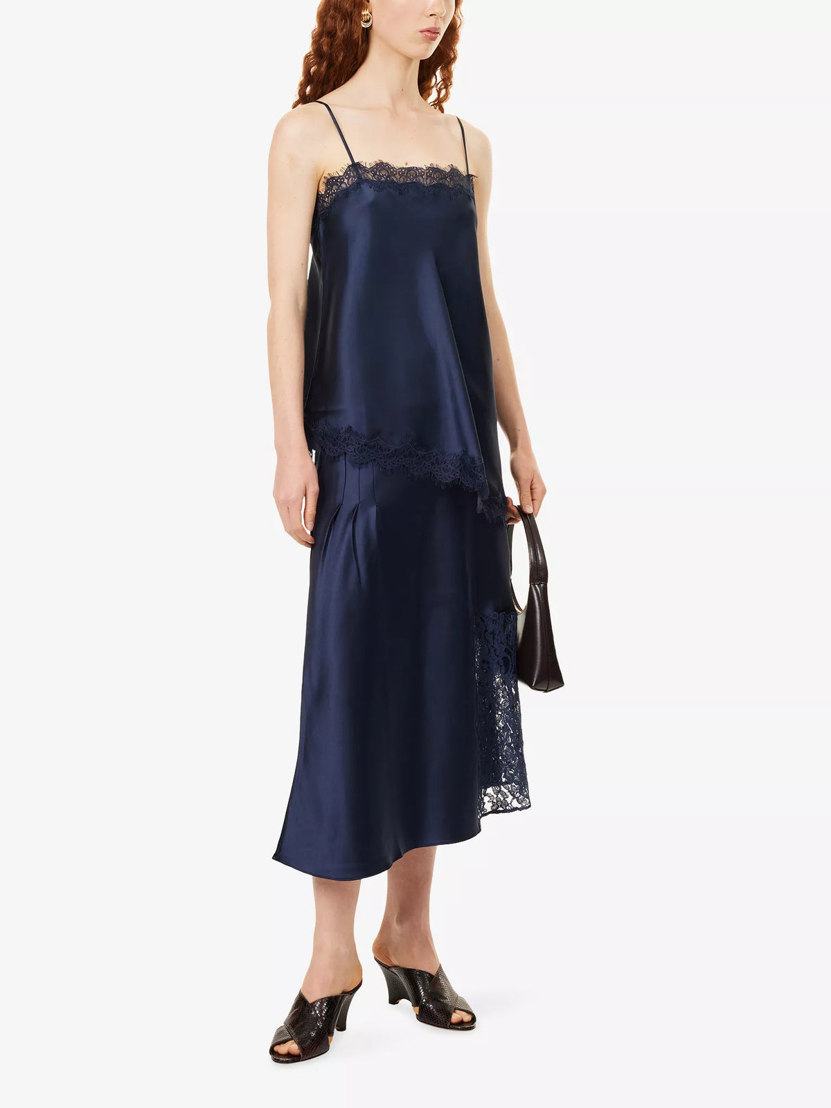 Damson Madder - Elea Satin and Lace Midi Skirt, Navy