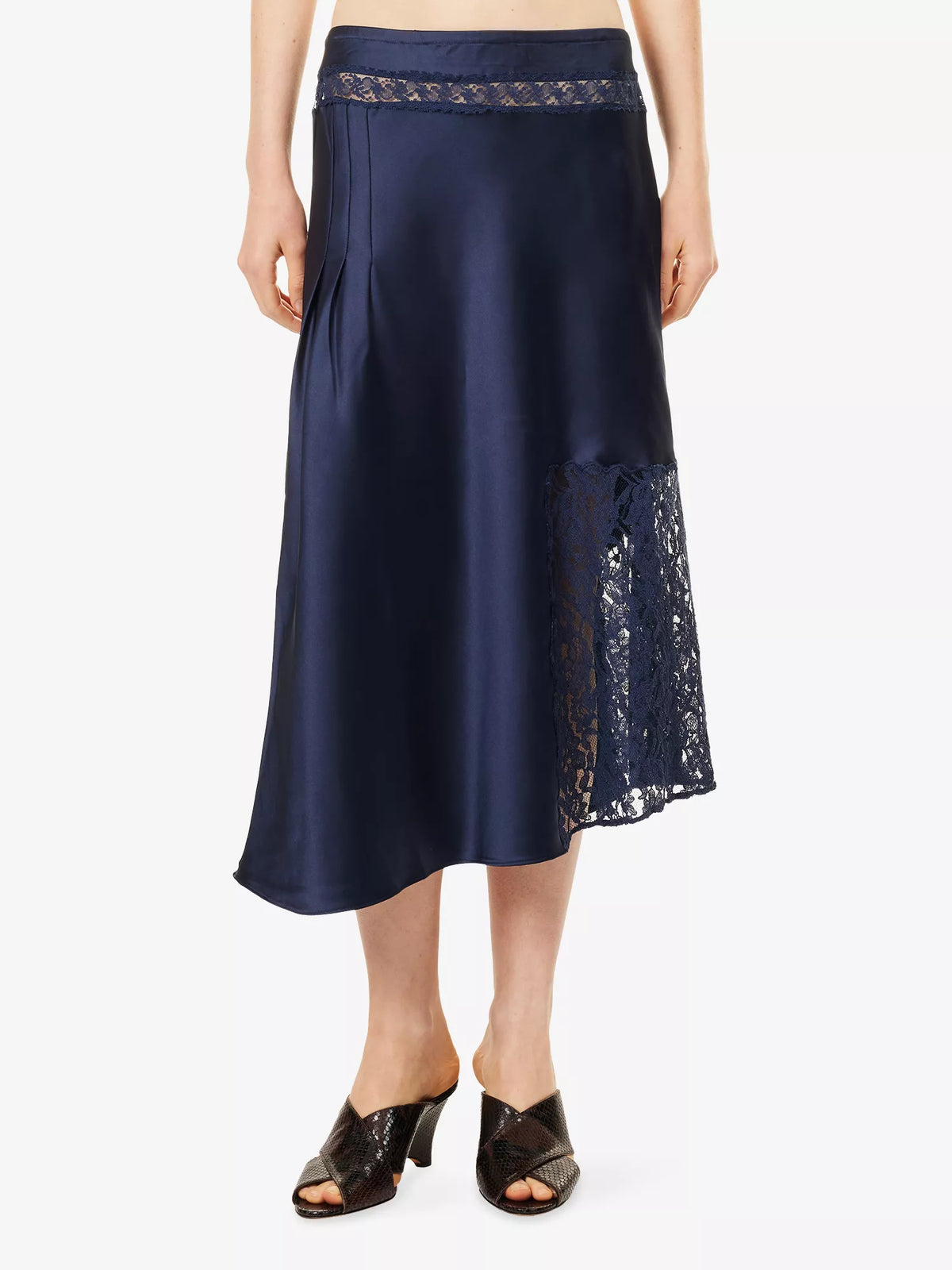 Damson Madder - Elea Satin and Lace Midi Skirt, Navy