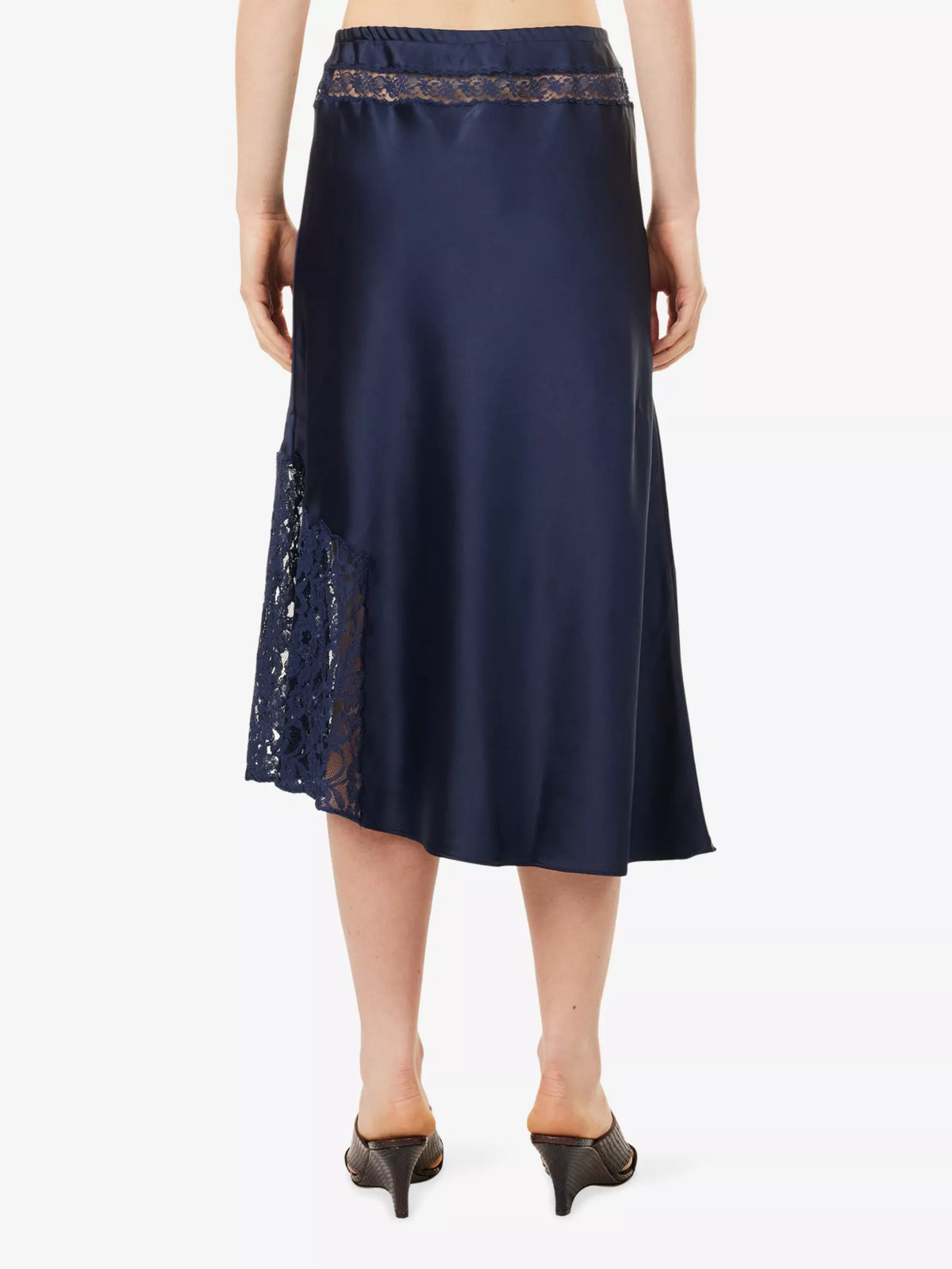 Damson Madder - Elea Satin and Lace Midi Skirt, Navy