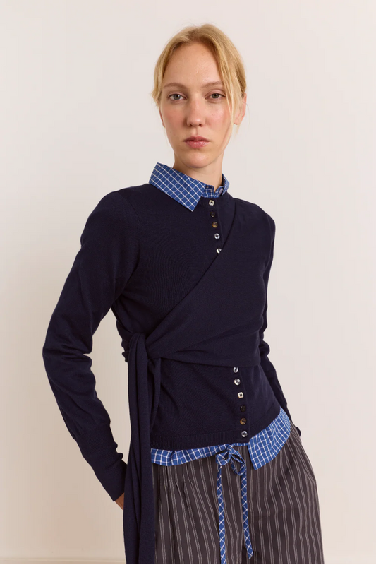 Damson Madder - Venna Wrap Merino Wool Cardigan, Navy
