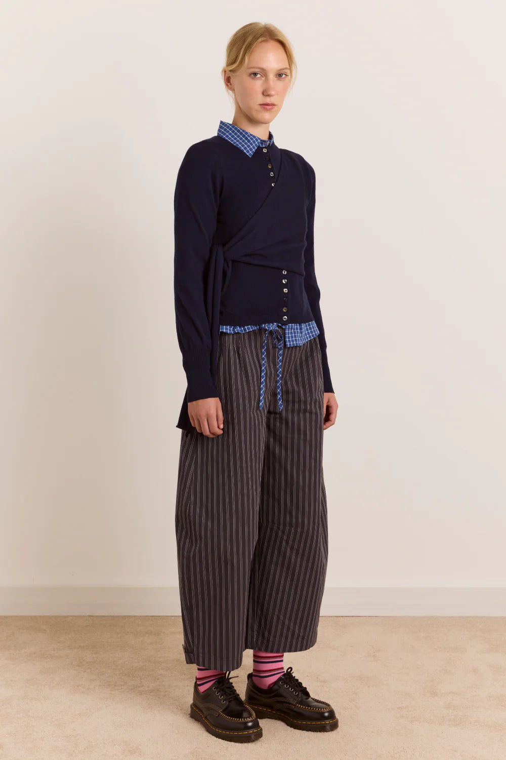 Damson Madder - Venna Wrap Merino Wool Cardigan, Navy