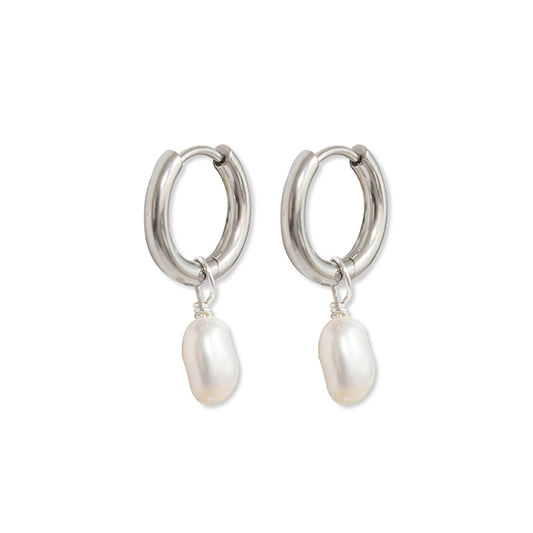 A Weathered Penny Pearl Hoops - Silver