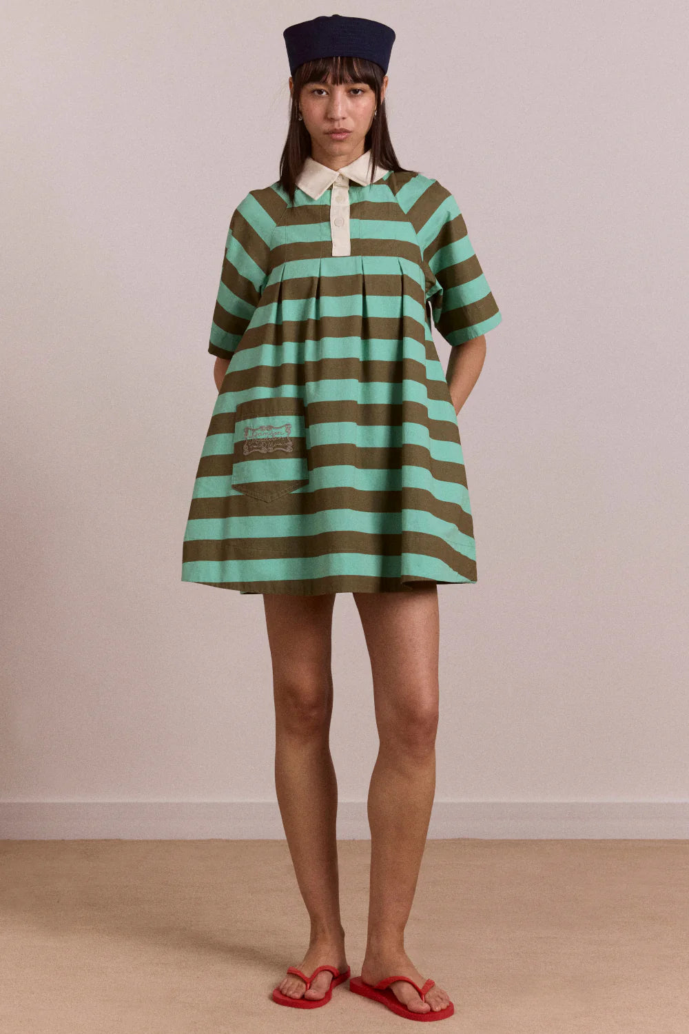 Damson Madder - Maggie Mini Polo Dress, Aqua Olive Stripe