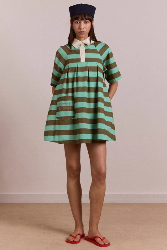 Damson Madder - Maggie Mini Polo Dress, Aqua Olive Stripe