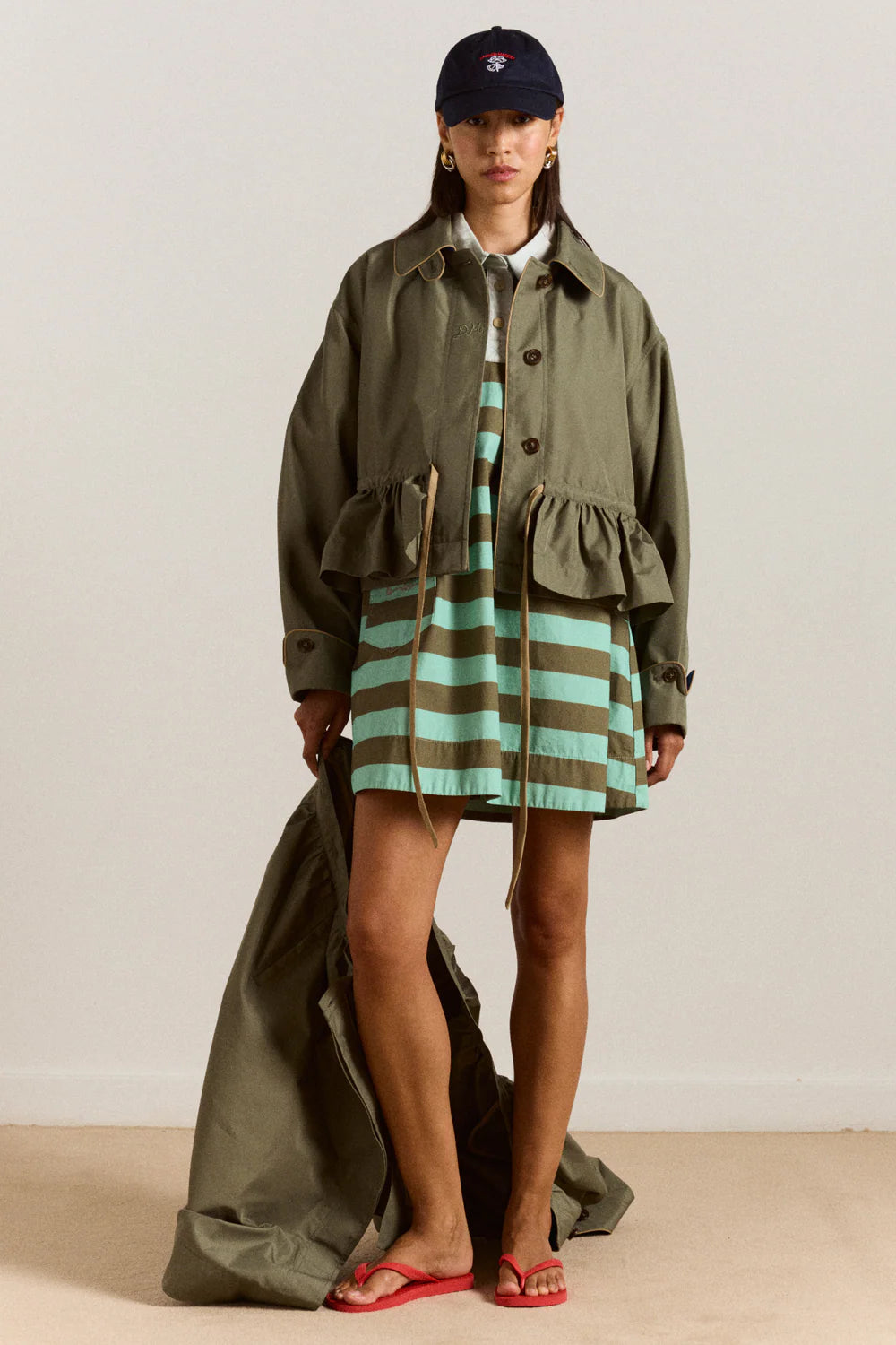Damson Madder - Maggie Mini Polo Dress, Aqua Olive Stripe