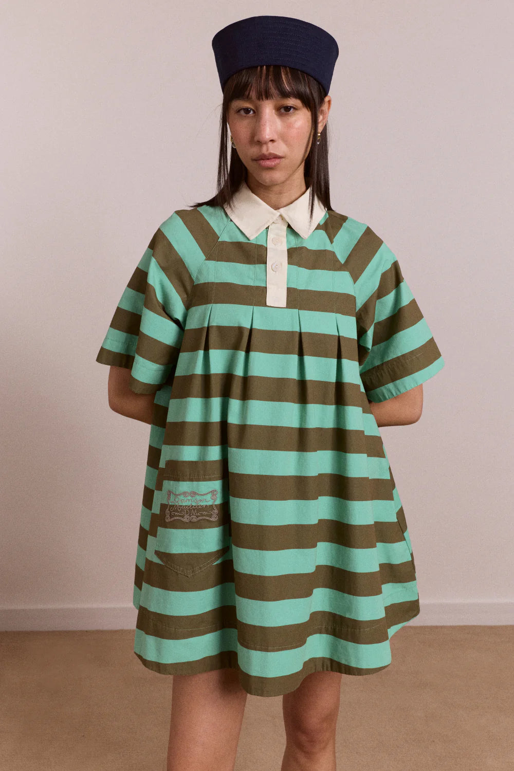 Damson Madder - Maggie Mini Polo Dress, Aqua Olive Stripe