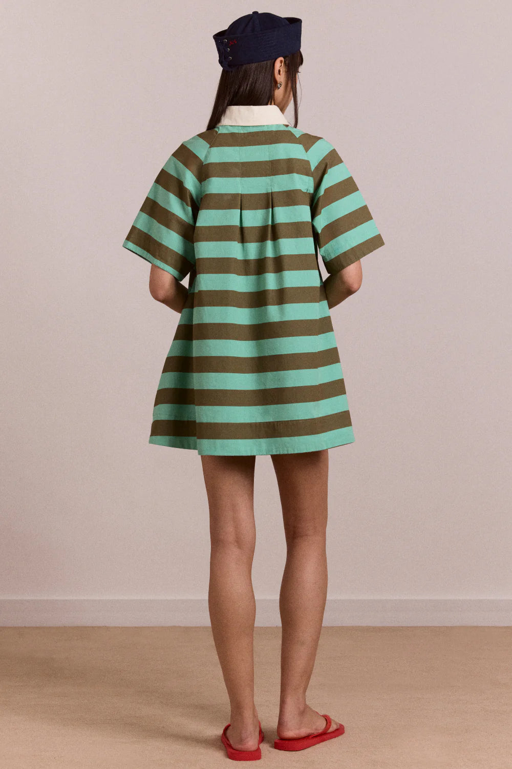 Damson Madder - Maggie Mini Polo Dress, Aqua Olive Stripe