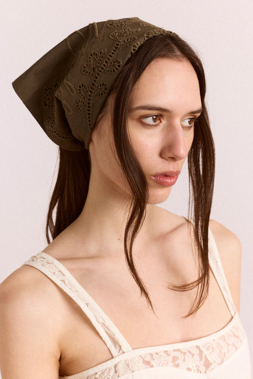 Damson Madder - Embroidered Headscarf, Khaki