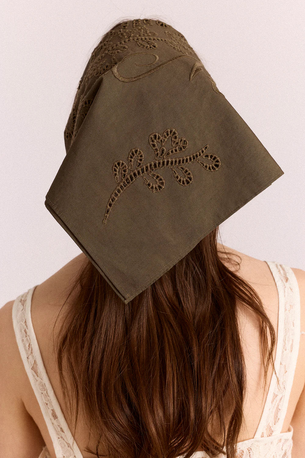 Damson Madder - Embroidered Headscarf, Khaki