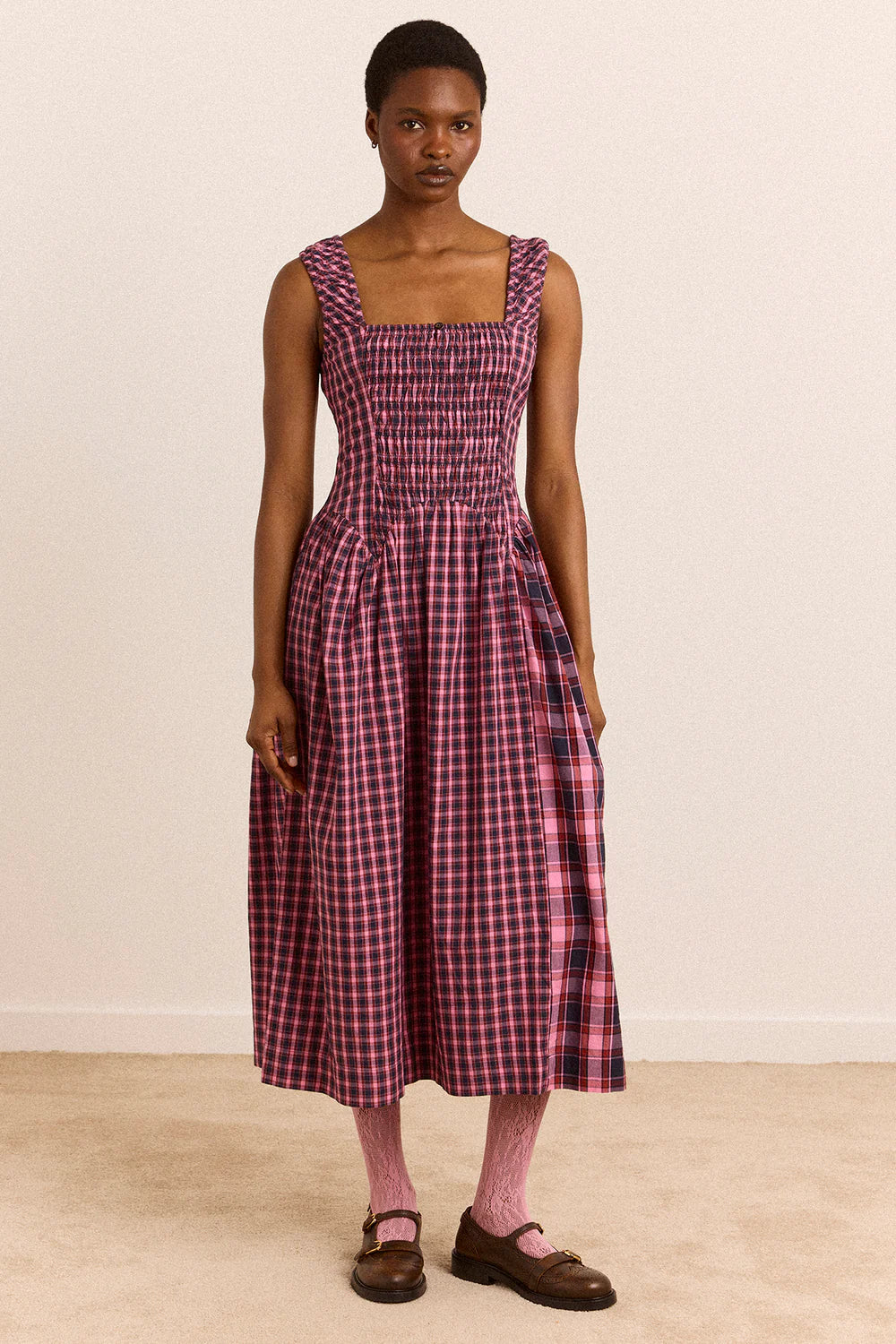 Damson Madder - Mallory Midi Dress, Magenta Check