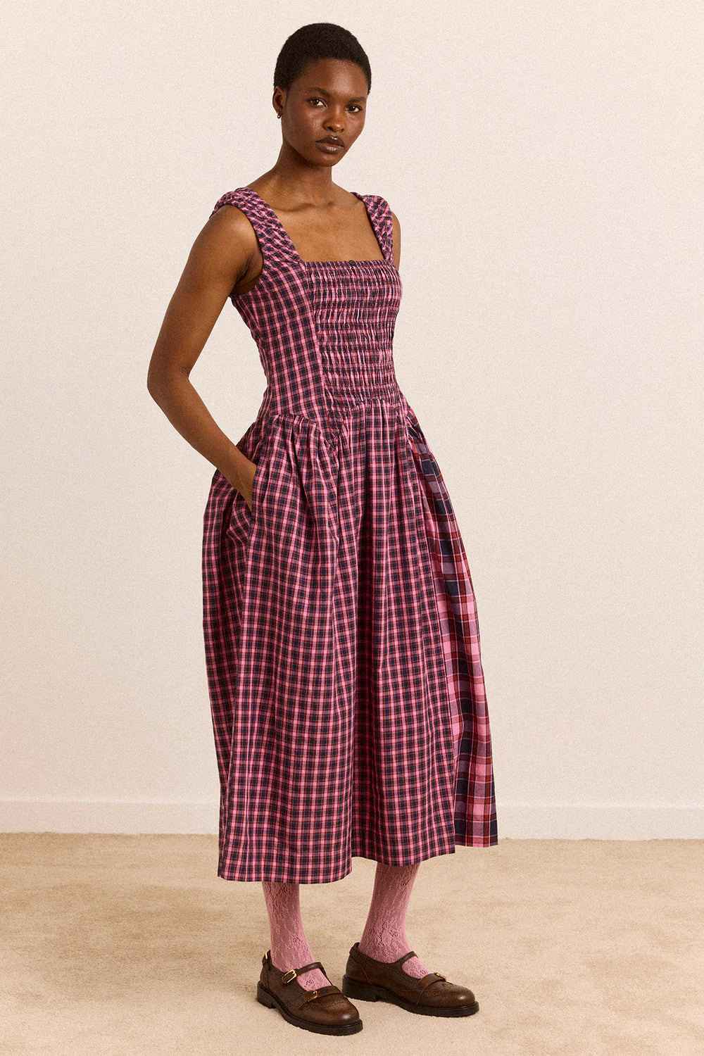 Damson Madder - Mallory Midi Dress, Magenta Check