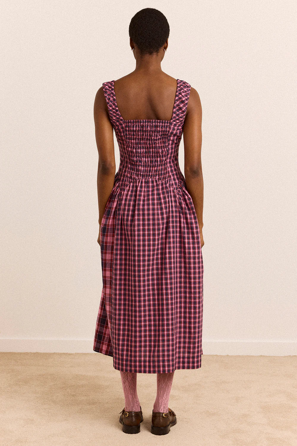 Damson Madder - Mallory Midi Dress, Magenta Check