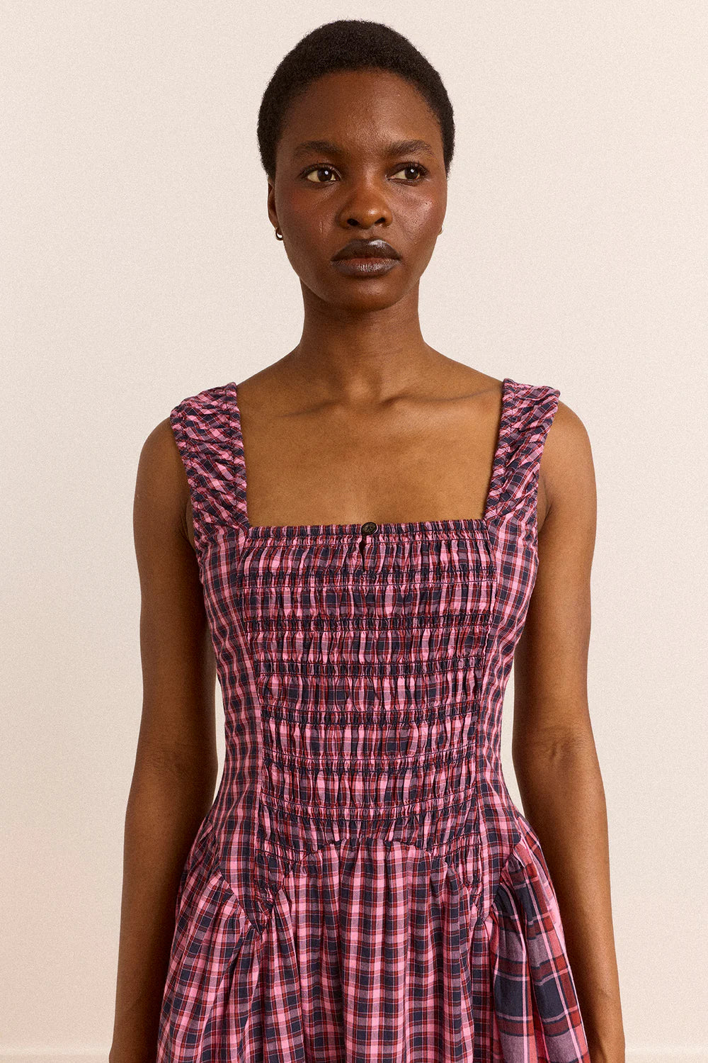 Damson Madder - Mallory Midi Dress, Magenta Check