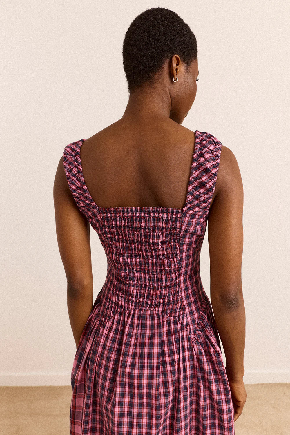 Damson Madder - Mallory Midi Dress, Magenta Check