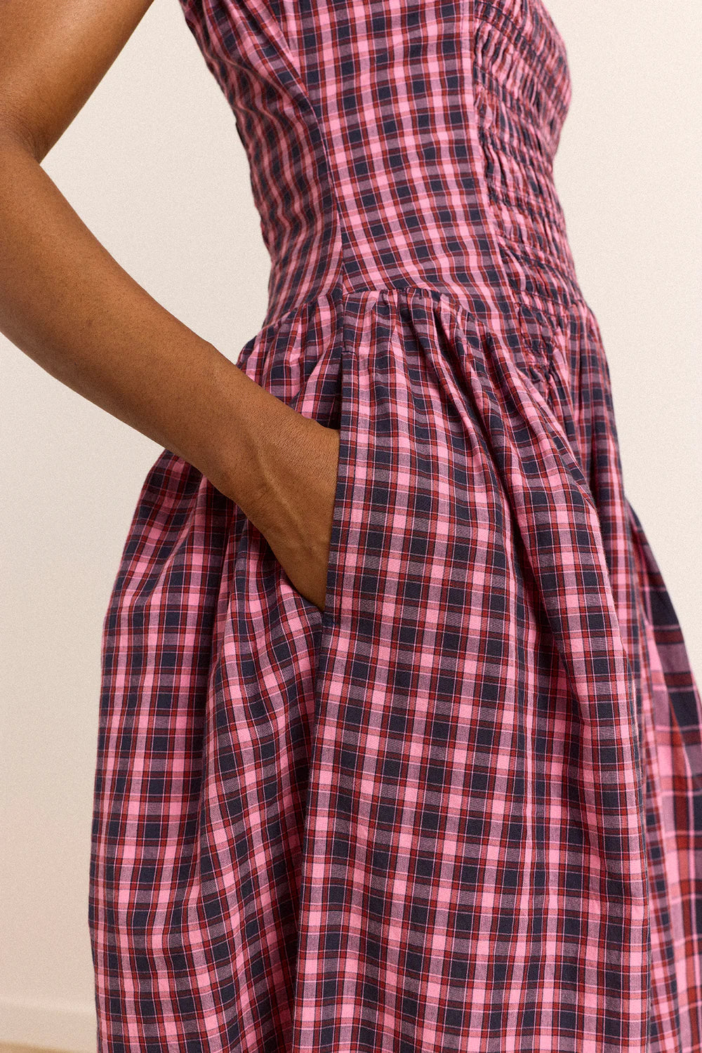 Damson Madder - Mallory Midi Dress, Magenta Check