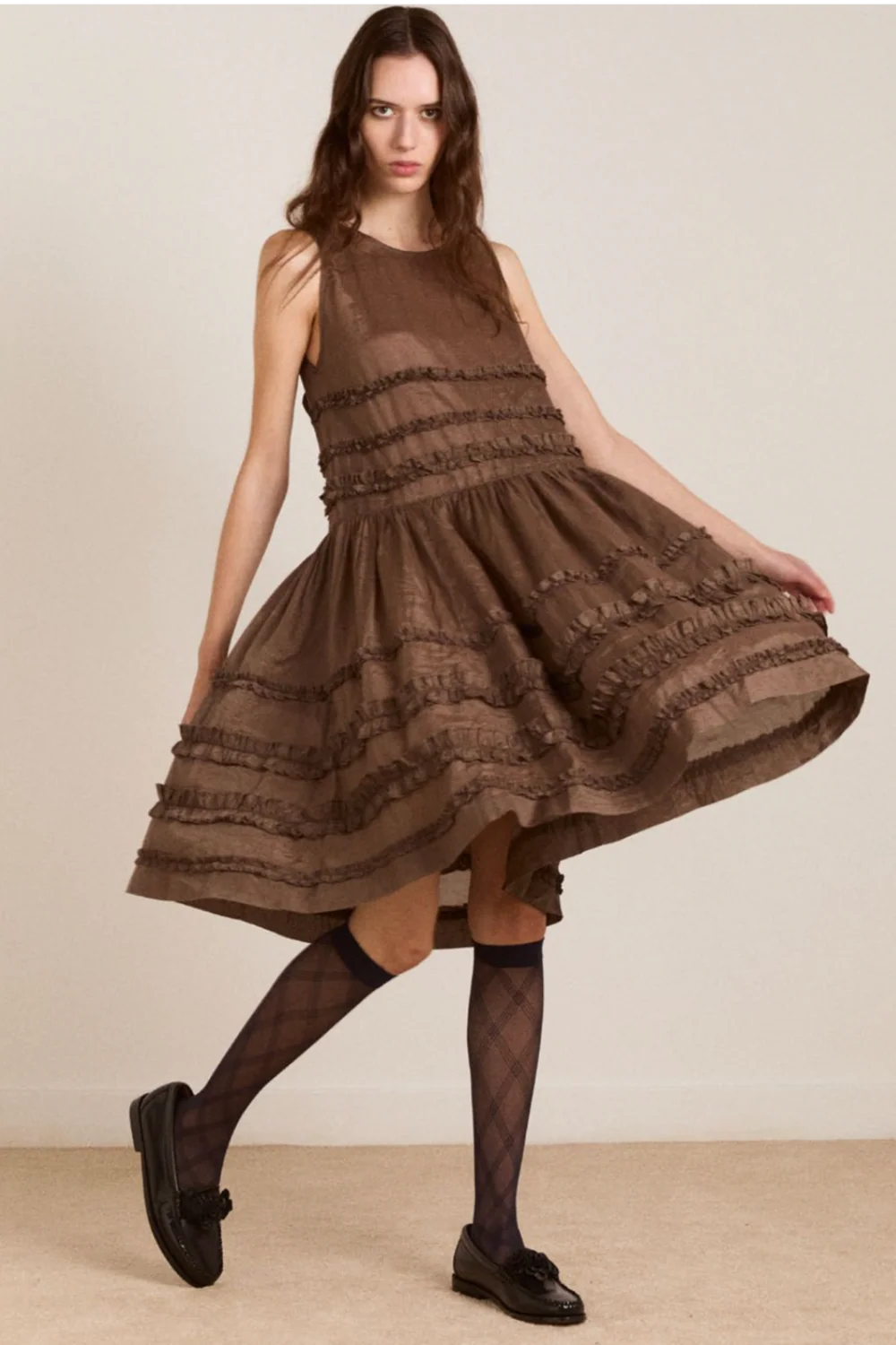 Damson Madder - Reed Drop Waist Ruffle Midi Dress, Sheer Choc