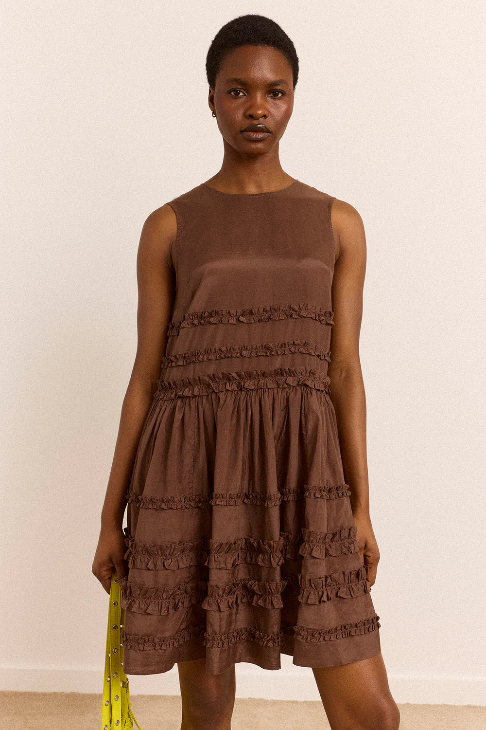 Damson Madder - Reed Drop Waist Ruffle Midi Dress, Sheer Choc