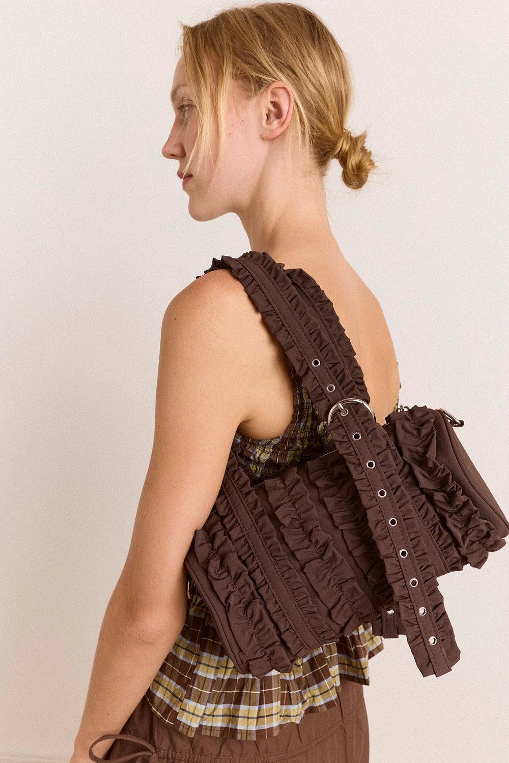 Damson Madder - Waverley Mini Ruffle Barrel Bag - Choc
