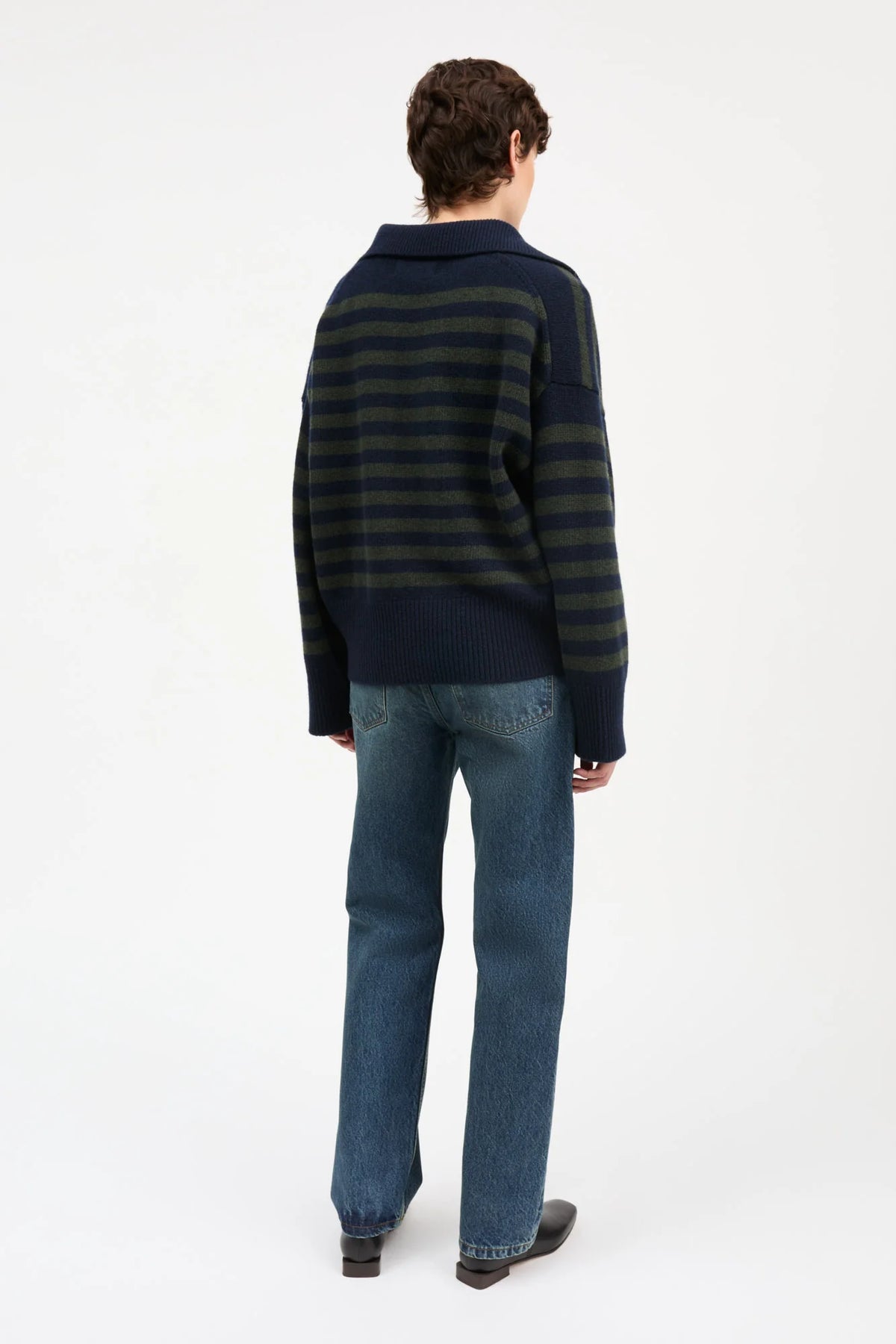 Skall Studio - Dean V-Neck Jumper, Navy/Dark Green Stripe