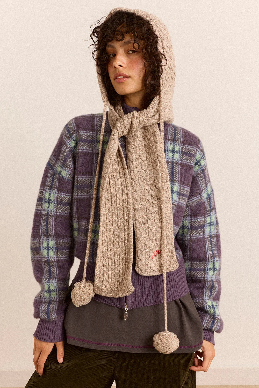 Damson Madder - Hooded Pom Pom Scarf, Oatmeal Marl