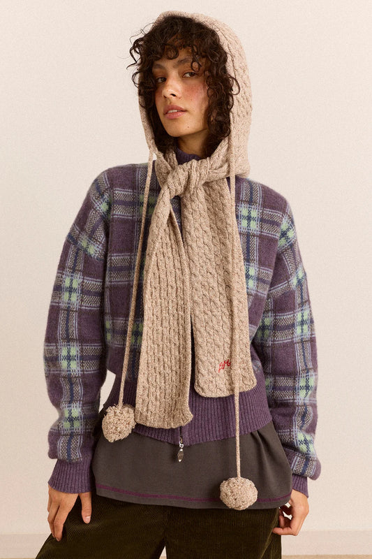 Damson Madder - Hooded Pom Pom Scarf, Oatmeal Marl