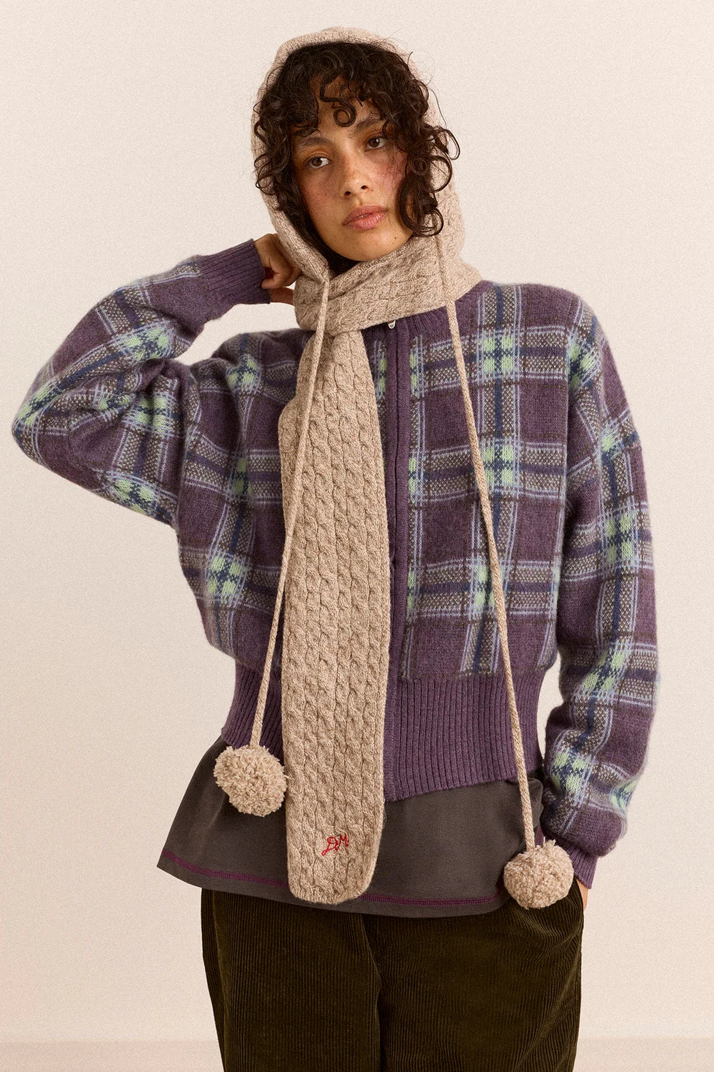 Damson Madder - Hooded Pom Pom Scarf, Oatmeal Marl