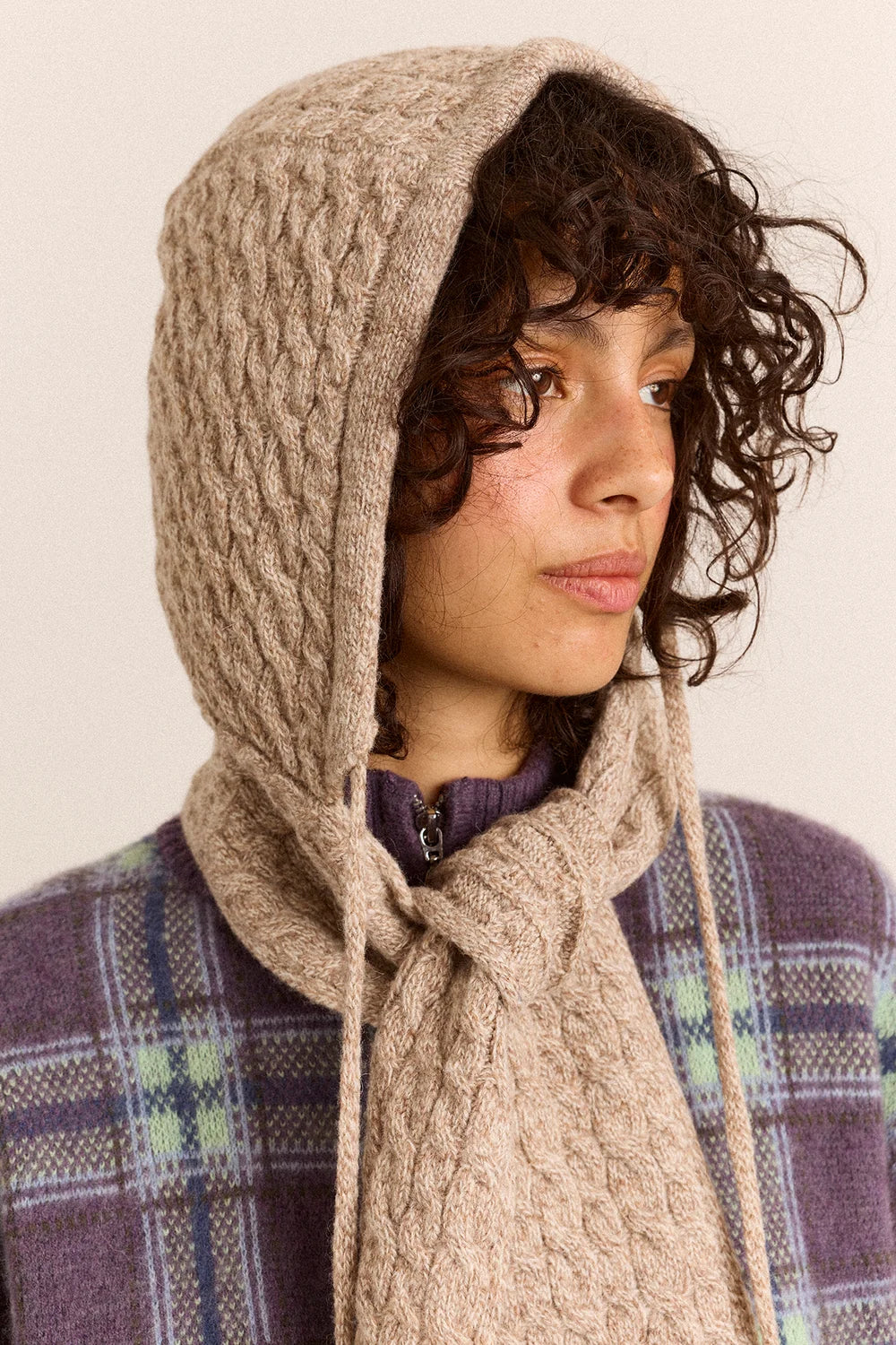 Damson Madder - Hooded Pom Pom Scarf, Oatmeal Marl