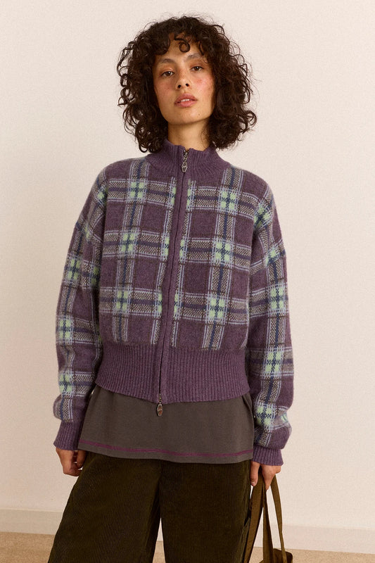 Damson Madder - Saffy Merino Wool Cardigan, Brushed Check