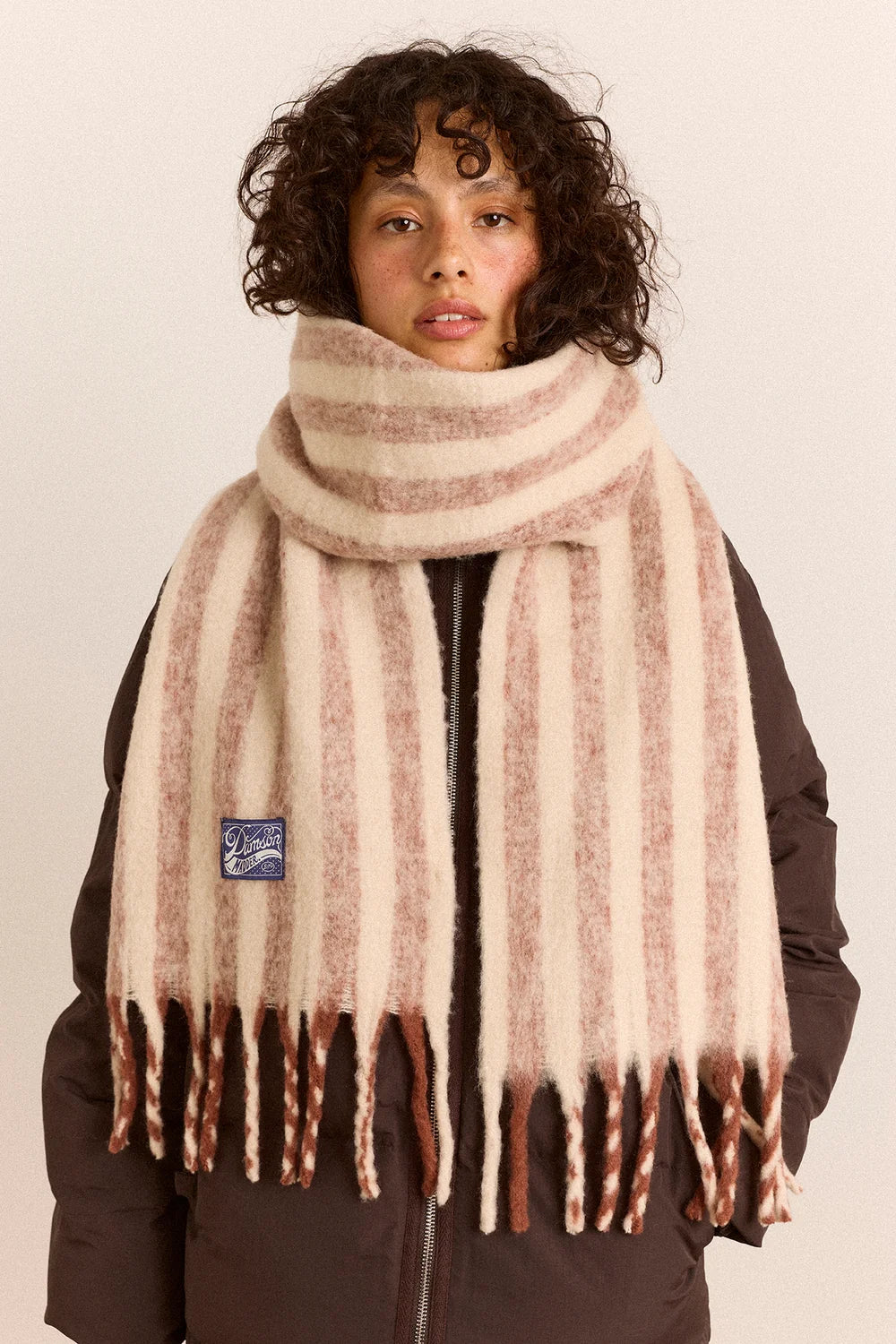 Damson Madder - Brushed Fluffy Scarf, Choc/Ecru Stripe