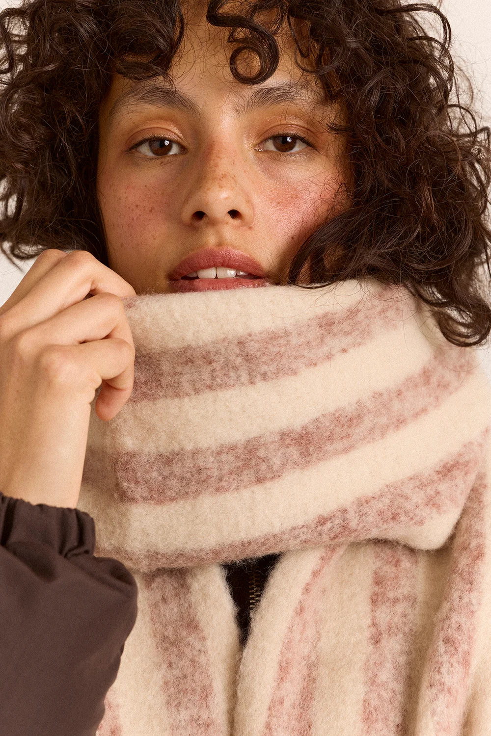 Damson Madder - Brushed Fluffy Scarf, Choc/Ecru Stripe