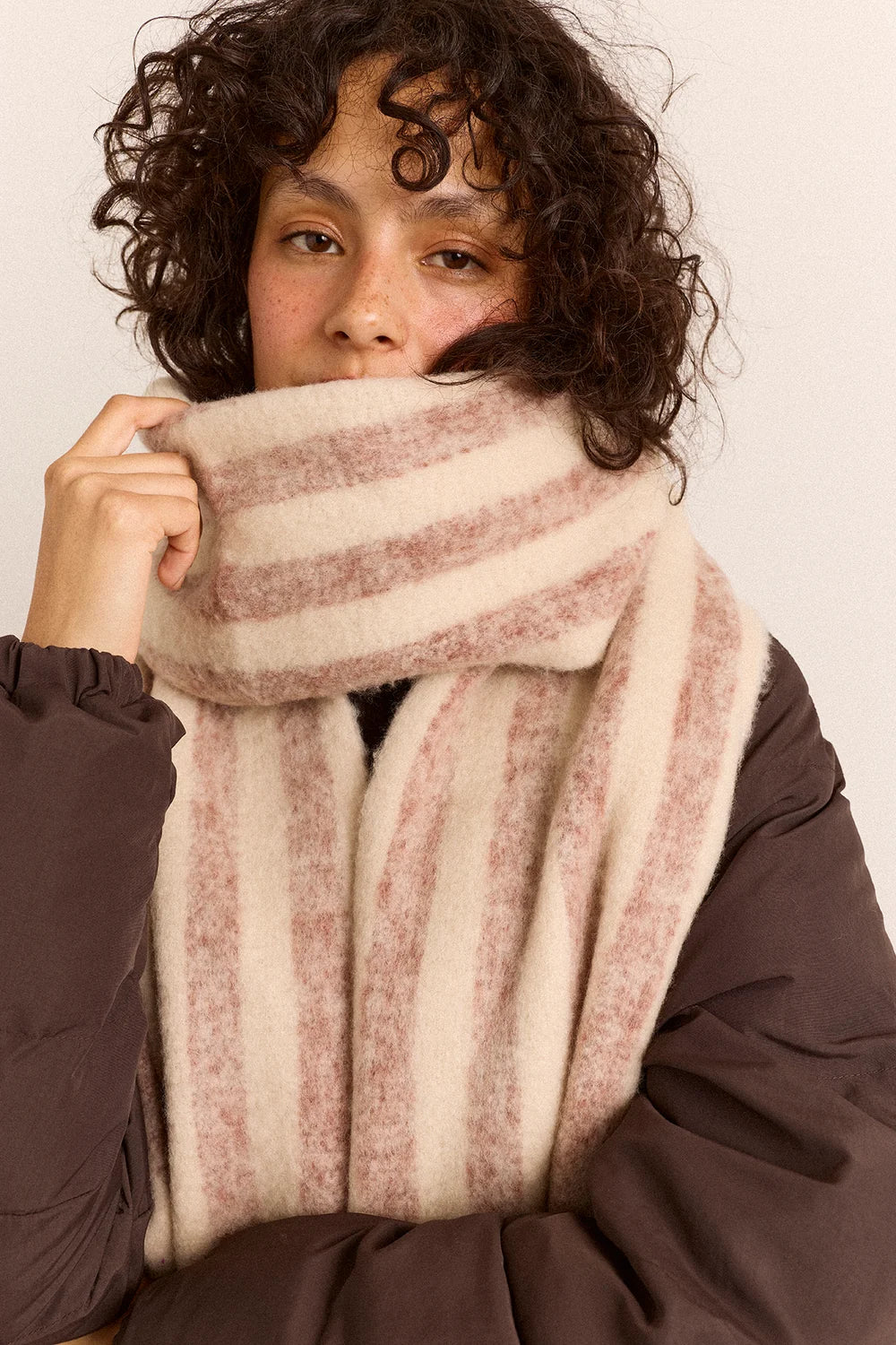 Damson Madder - Brushed Fluffy Scarf, Choc/Ecru Stripe