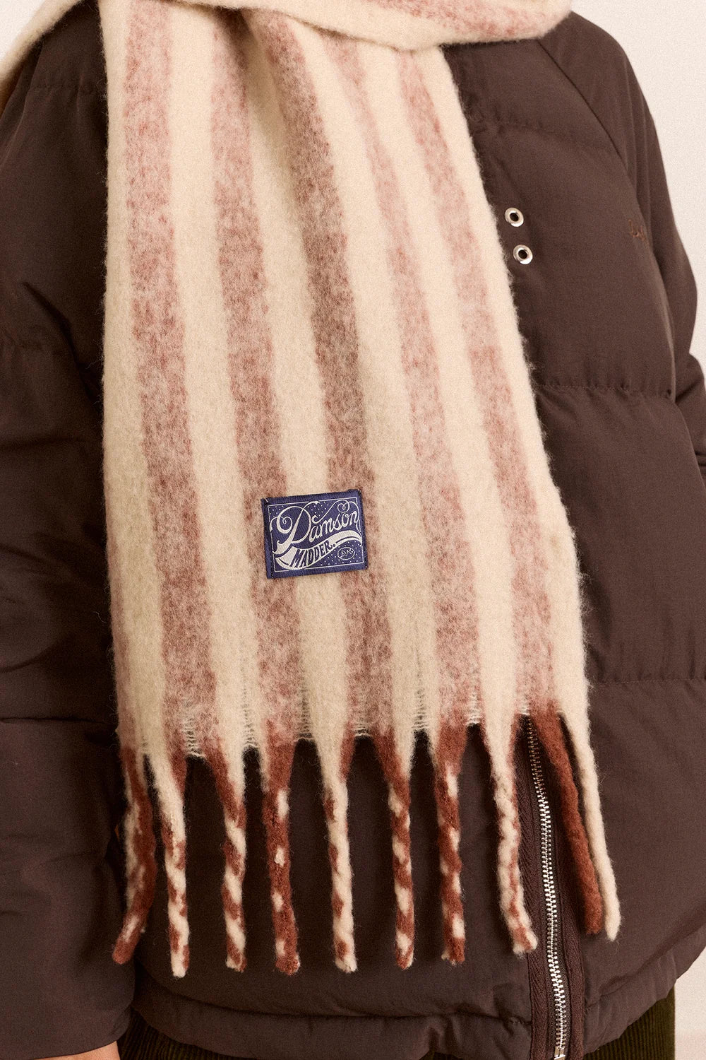 Damson Madder - Brushed Fluffy Scarf, Choc/Ecru Stripe