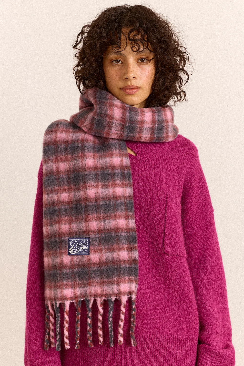 Damson Madder - Brushed Fluffy Scarf, Magenta Check