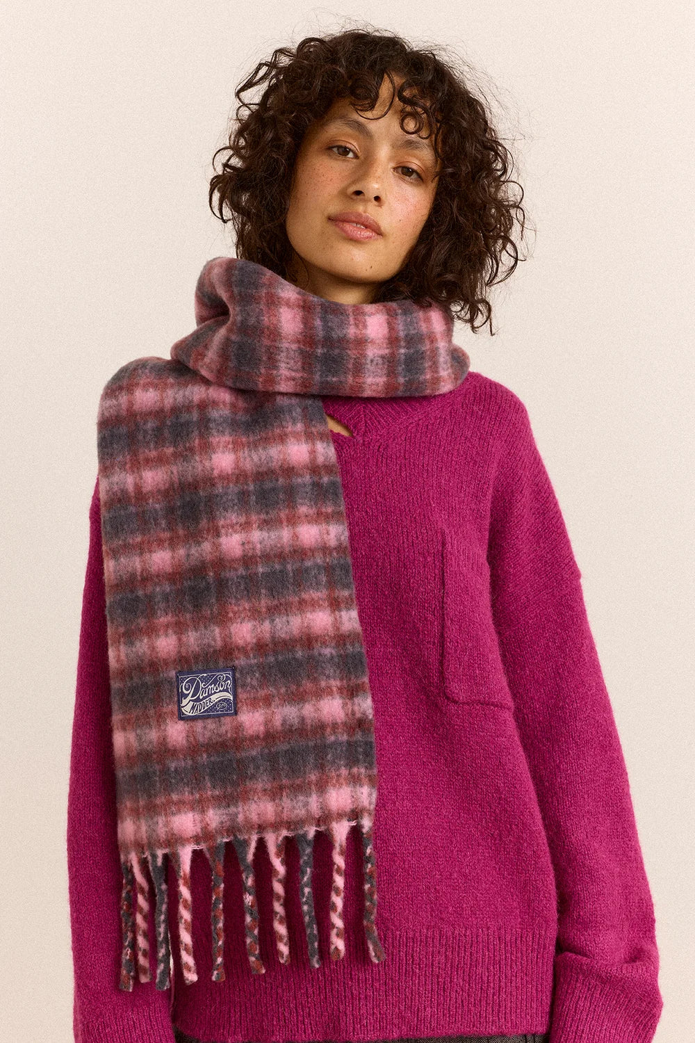 Damson Madder - Brushed Fluffy Scarf, Magenta Check
