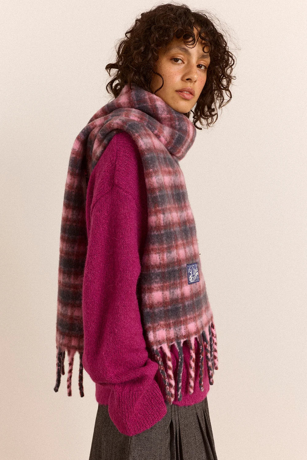 Damson Madder - Brushed Fluffy Scarf, Magenta Check