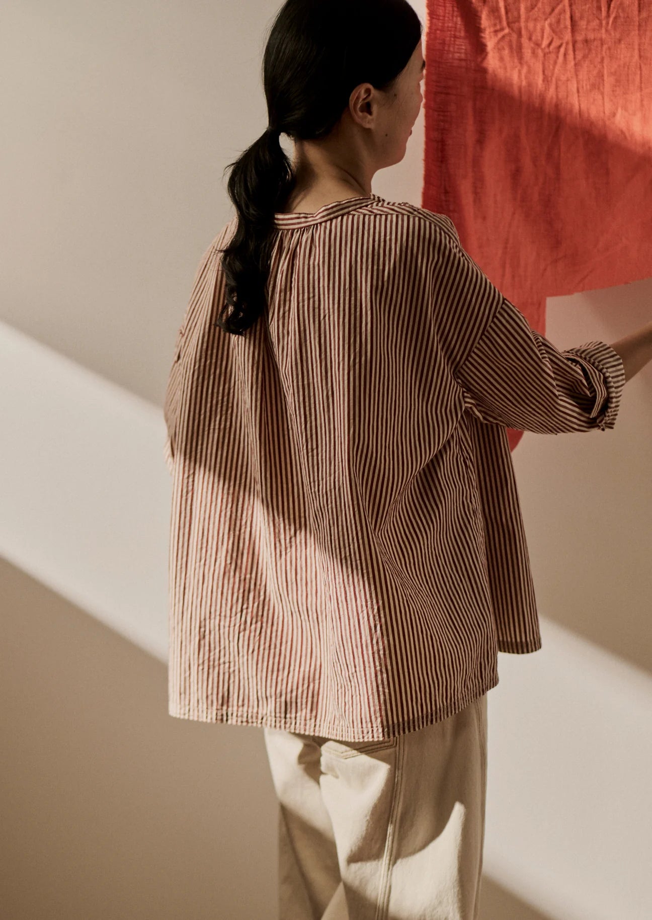 TOAST - Stripe Cotton Gathered Smock Top - Brick/Ecru